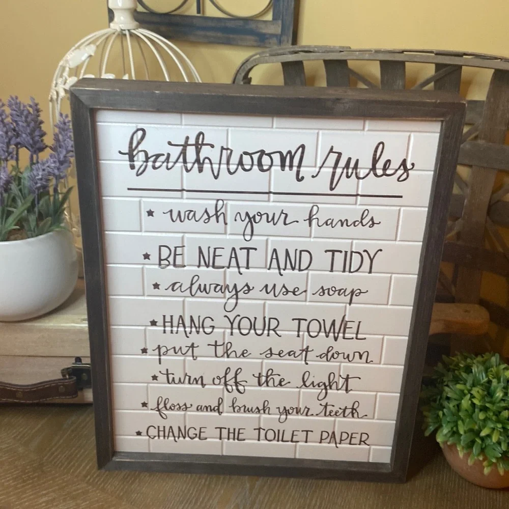 NEW! Modern Farmhouse Bathroom Rules Tile Inspired Wood Sign
